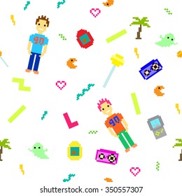 Pixel art 90s retro style seamless pattern. Nineties nostalgic white background. 8 bit games inspired icons and people.