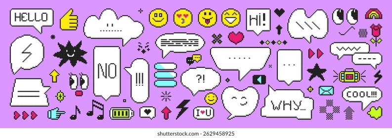 Pixel art 90s style elements. Different speech bubbles, messages and communication signs. Chat dialogue 8-bit shapes, faces, hearts, neoteric vector set