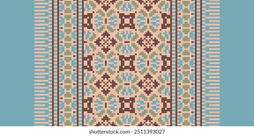 Pixel art Padrão étnico abstrato para roupas. Motivos étnicos tradicionais ikat padrão de tecido geométrico ponto de cruz. Ikat bordado Etnia oriental Pixel