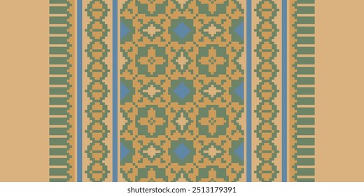 Pixel art Padrão étnico abstrato para roupas. Motivos étnicos tradicionais ikat padrão de tecido geométrico ponto de cruz. Ikat bordado Etnia oriental Pixel