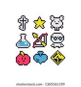 Pixel art abstract icons set elements design for arcade, logo, app, web, sticker. Bow and arrow, star, flask, apple and cute creatures characters . Video game sprites. Isolated vector illustration.