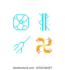 Pixel art abstract icons set. Fx light effects. Light symbols. Electric lightning bolt. Energy effect. Bright light flare and sparks Isolated vector illustration. 
