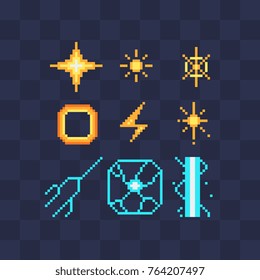 Pixel art abstract icons set. Fx light effects. Light symbols. Electric lightning bolt. Energy effect. Bright light flare and sparks Isolated vector illustration. 