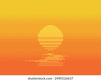 Pixel Art Abstract Illustration of Retro Sunset on Summer Orange Dithered Gradient Background