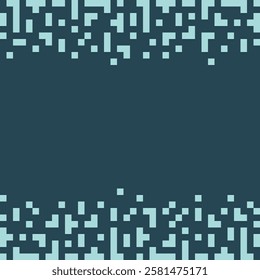 Pixel Art Abstract Tetris shapes Top and bottom Frame border in monochrome blue. Copy space Template