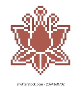 Pixel art abstract water lily flower, gingerbread cookie decorated with white sugar icing, 8 bit food icon isolated on white background. Chocolate biscuit. Christmas dessert. Winter holiday pastry.