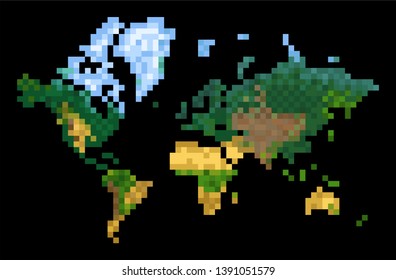 Pixel Art Abstract World Map isolated on black background