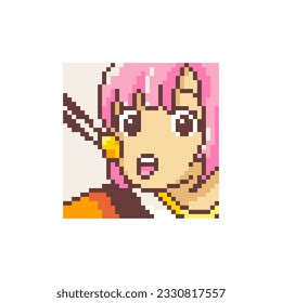 Pixel Art Adorable Anime Girl with Pink Hair Eating with Chopsticks. Perfect for Emojis, Prints, and More.
