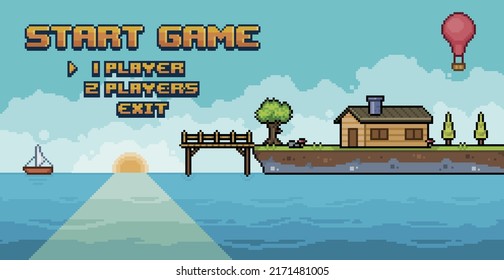 Pixel art adventure game menu with sea, island, house, tree, deck 8 bit vector background

