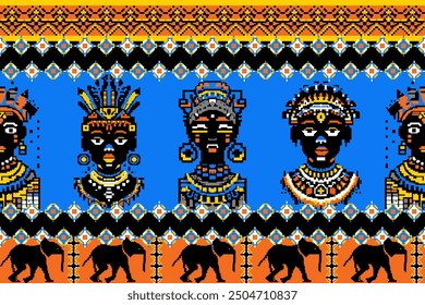 Pixel Art African American - Detailed Vector Illustration for Fabric Printing Design