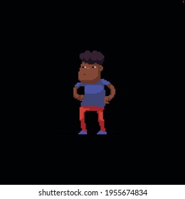 Pixel art african american male character with his hands on his sides looking to the side
