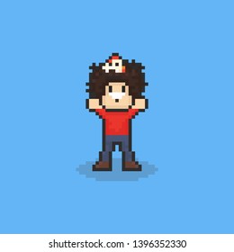 Pixel art afro man with chicken on the head.8bit.