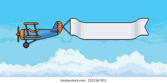 Arte del pixel de un avión que remolca un Anuncio publicitario en blanco sobre un cielo azul claro con las nubes durante un día soleado, fondo del juego del estilo de 8 pedazos