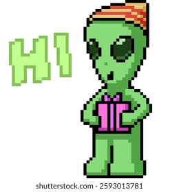 pixel art of alien greeting present isolated background