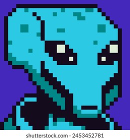 Pixel art alien, monster character 8-bit,  80-s, avatar, creature face, NFT, cartoon vector icon, game user, web profile persons, people, social net portrait. Non-fungible token.