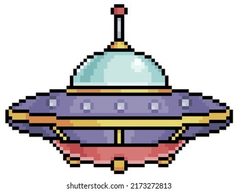 Pixel art alien spaceship. UFO 8 bit gaming vehicle on white background

