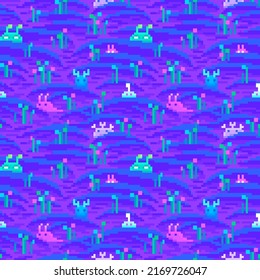 Pixel art aliens. Alien planet surface texture seamless tile backdrop. Environment background for computer game. 8 bit retro style vector illustration