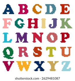Pixel art alphabet A-Z is shown in a colorful and vibrant way. The letters are arranged in a grid, with each letter having its own unique color. Scene is cheerful and playful, as the bright colors