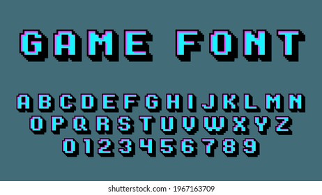 Pixel art alphabet. Retro video game font, 8 bit graphic 80s, old school digital square numbers and latin letters, arcade gaming 90s abc elements. Blue typeface vector isolated set