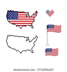 pixel art American the USA mapa y bandera de 8 bits icono de Vector para el logotipo del juego de computadora
