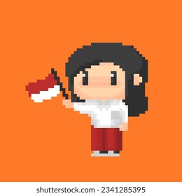 Pixel Art Anak SD Character 8 bit Cute Girl School Indonesia grab the flag