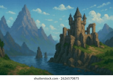 Pixel art of an ancient ruined castle standing on a cliff by a lake, surrounded by misty mountains. Perfect 2D game background for fantasy exploration settings.