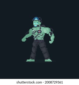 Pixel art android frankenstein character.