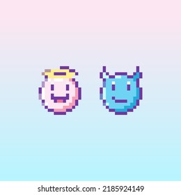 Pixel art angel and devil icon. 8 bit vector sticker or smile of good and evil in retro 90s gaming style. Mosaic trendy funky pixel face with horns and nimbus sign.