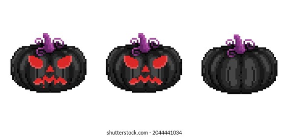 Pixel art angry halloween dark pumpkins set. 8 bit style retro illustration. Vector.