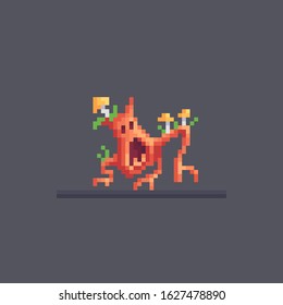 Pixel art angry old stump. Dangerous forest character. Cute vector illustration.