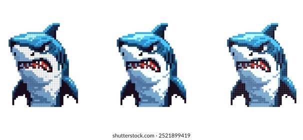 Pixel art of an angry shark with open mouth and sharp teeth, showing fierceness in a digital format.