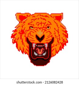 Pixel art with angry tiger face. Vector illustration.