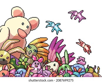 pixel art of animal doll pile