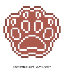 Pixel art animal paw with claws footprint, gingerbread cookie decorated with white sugar icing, 8 bit food icon isolated on white background. Frosted biscuit. Christmas dessert. Winter holiday pastry.