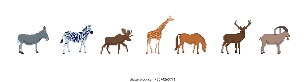 Pixel art animals featuring unique textures, styles, and shapes, highlighting wildlife variety.