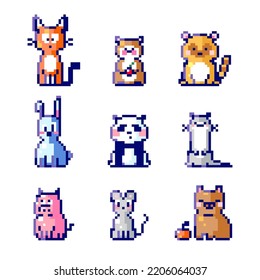 Pixel art animals - fox, raccoon, rabbit, panda, otter, pig, mouse, capybara, hamster, squirrel, Vector 8bit game icons of pixel art animals for stickers, game assets, gamer labels. Fun set.