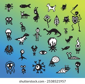 Pixel arte animais ícones Coleção. 8 bit retro estilo ilustração conjunto de assustador, urso, rã, denoiser, peixe, olho, água-viva, raposa, concha, cão. Melhor para design de jogos móveis, deco