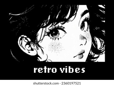 Pixel art of an anime cartoon girl. Retro style vector print for t-shirt, cover or poster.