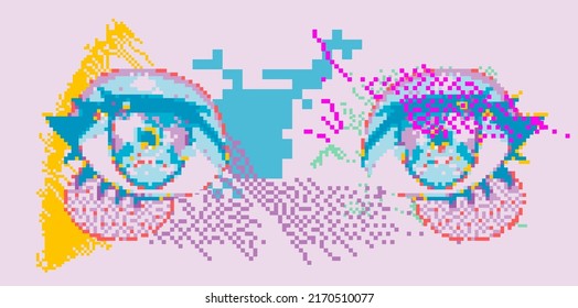 Pixel art of anime eyes on glitched background. Trendy webpunk style illustration for print or poster.