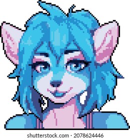 Pixel Art, Anime Furry Girl's Face. Furry Fandom Smile For Chat. Sticker On The Phone. Kawaii Image. Background To Desktop.