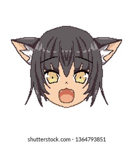Pixel art, Anime girl face, boy from squares. Smile for chat. sticker on the phone. Kawaii image. Background to desktop.