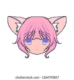 Pixel art, Anime girl face, boy from squares. Smile for chat. sticker on the phone. Kawaii image. Background to desktop.