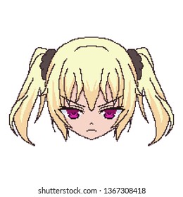 Pixel art, Anime girl face, boy from squares. Smile for chat. sticker on the phone. Kawaii image. Background to desktop.