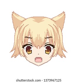 Pixel art, Anime girl face from the squares. Smile for chat. sticker on the phone. Kawaii image. Background to desktop.