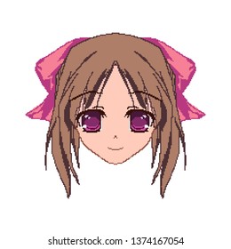 Pixel art, Anime girl face from the squares. Smile for chat. sticker on the phone. Kawaii image. Background to desktop.