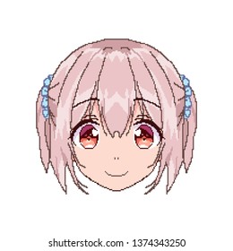 Pixel art, Anime girl's face from the squares with a bow. Smile for chat. sticker on the phone. Kawaii image. Background to desktop.