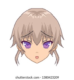 Pixel art, Anime girl's face from the squares with a bow. Smile for chat. sticker on the phone. Kawaii image. Background to desktop.