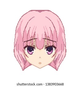 Pixel art, Anime girl's face from the squares with a bow. Smile for chat. sticker on the phone. Kawaii image. Background to desktop.
