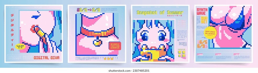 Pixel Art Anime Retro Love Cards. Cute Japanese Girl's Date Prep in 8 Bit Art. Aesthetic Square Poster Patterns for Albums, Notebooks, and Cafe Promotions. A Vintage 90s Synthwave, City Pop Style.