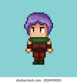 Pixel art anime style fantasy character in brown leather outfit and green cape